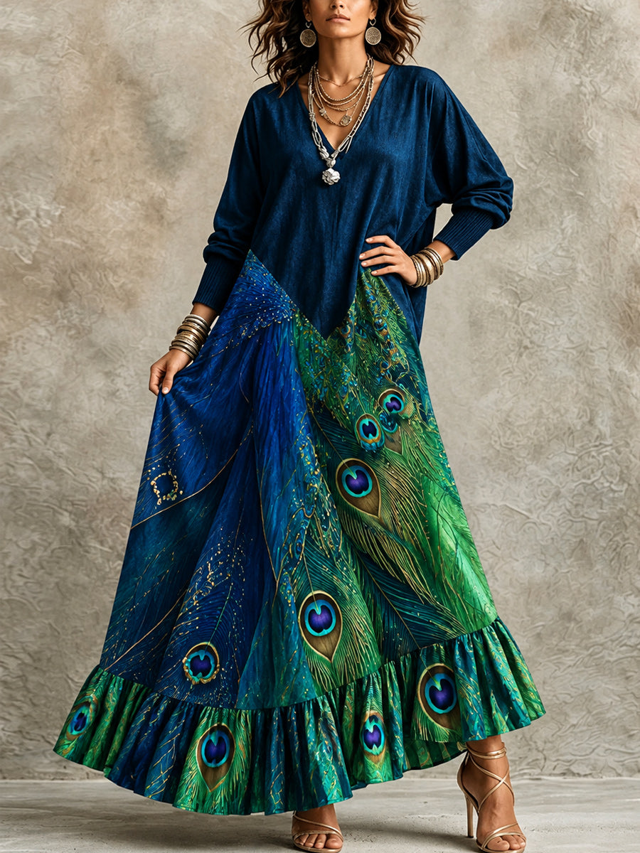 Retro Art Print Casual Vintage V-Neck Long-Sleeve Cotton Dress
